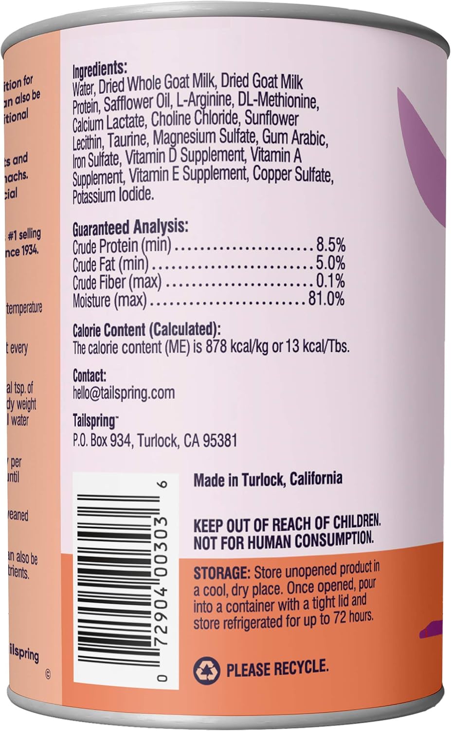 Tailspring whole goat milk ready to feed kitten formula nutritional facts label
