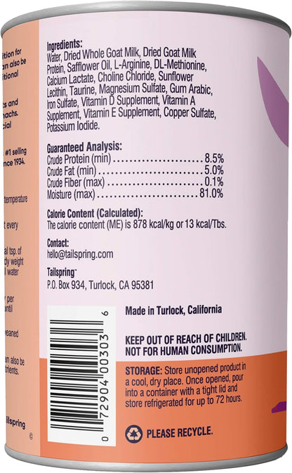 Tailspring whole goat milk ready to feed kitten formula nutritional facts label
