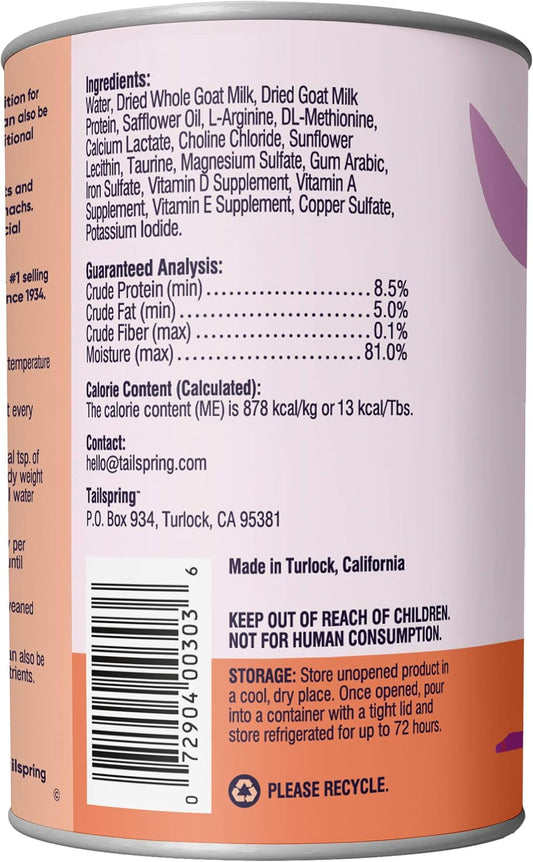 Tailspring whole goat milk ready to feed kitten formula nutritional facts label