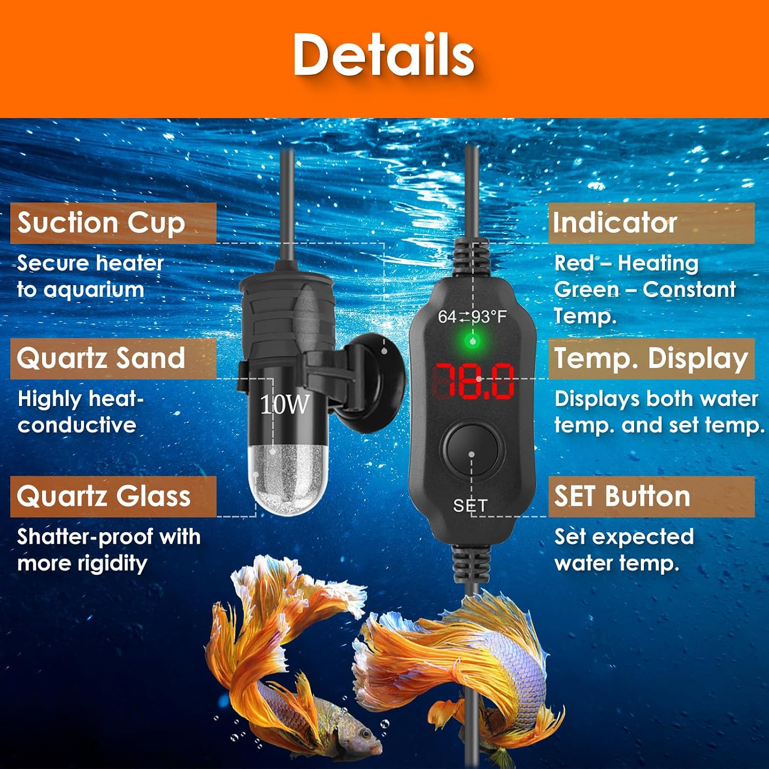 Vcraze aquarium heater showing USB cable connection