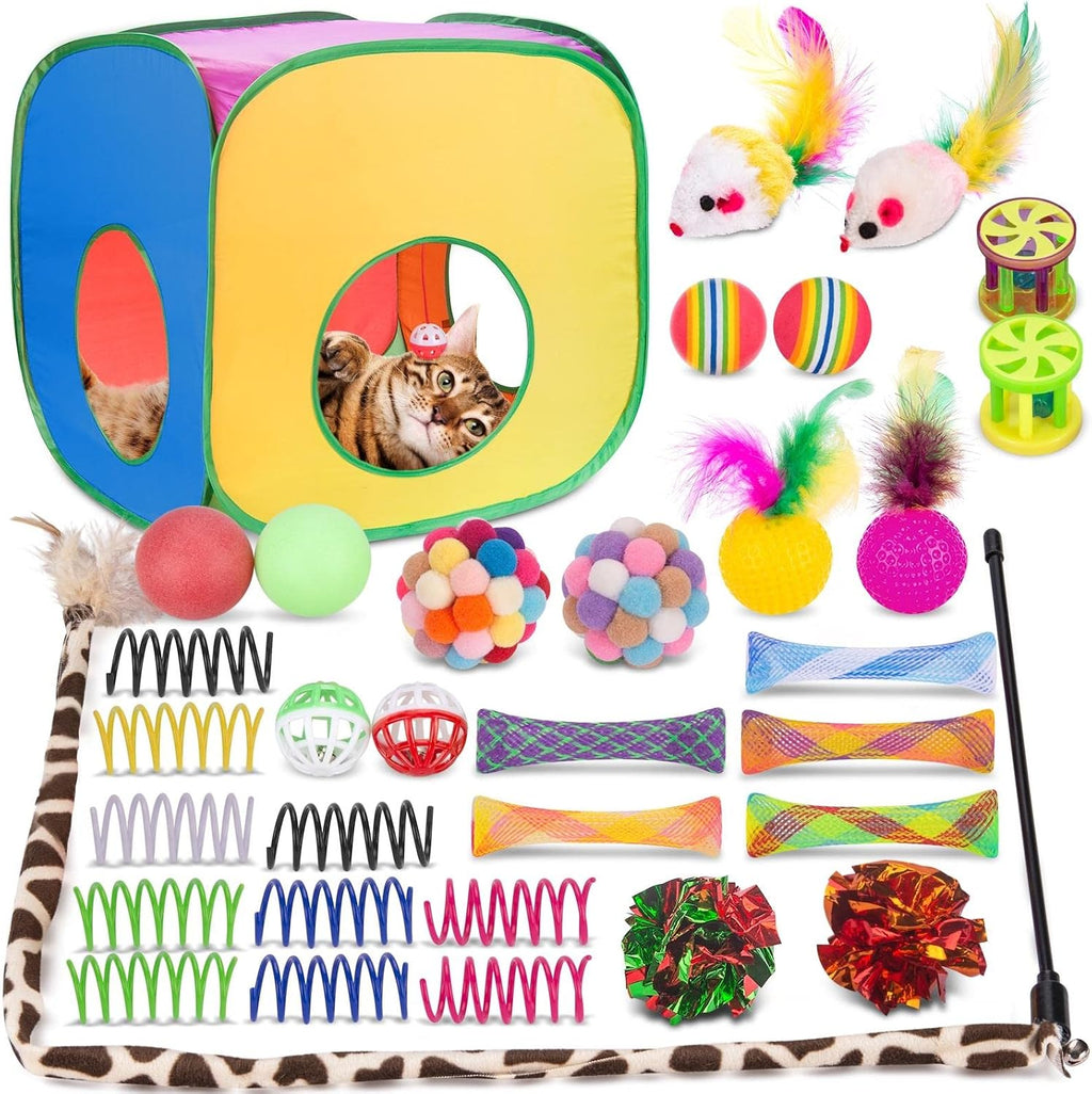 Retro Shaw 33 Pack Cat Toys for Indoor Cats, Collapsible Kitty Tunnel Tent with Feather Teaser Wand, Springs Balls Bell Mouse Interactive Kitten Hideaway Playhouse 15.7 Inches - Image 9