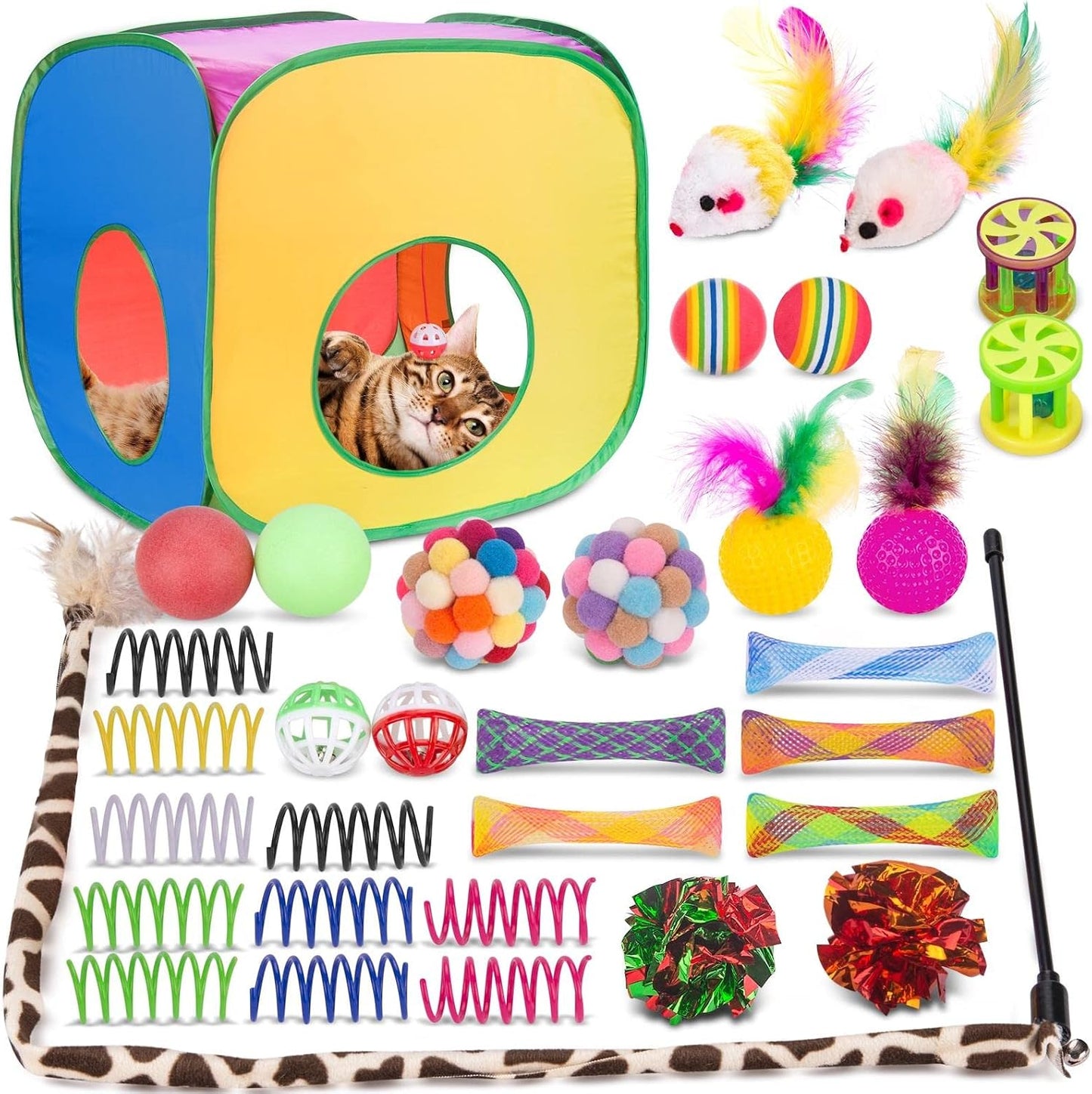 Retro Shaw 33 Pack Cat Toys for Indoor Cats, Collapsible Kitty Tunnel Tent with Feather Teaser Wand, Springs Balls Bell Mouse Interactive Kitten Hideaway Playhouse 15.7 Inches - Image 9