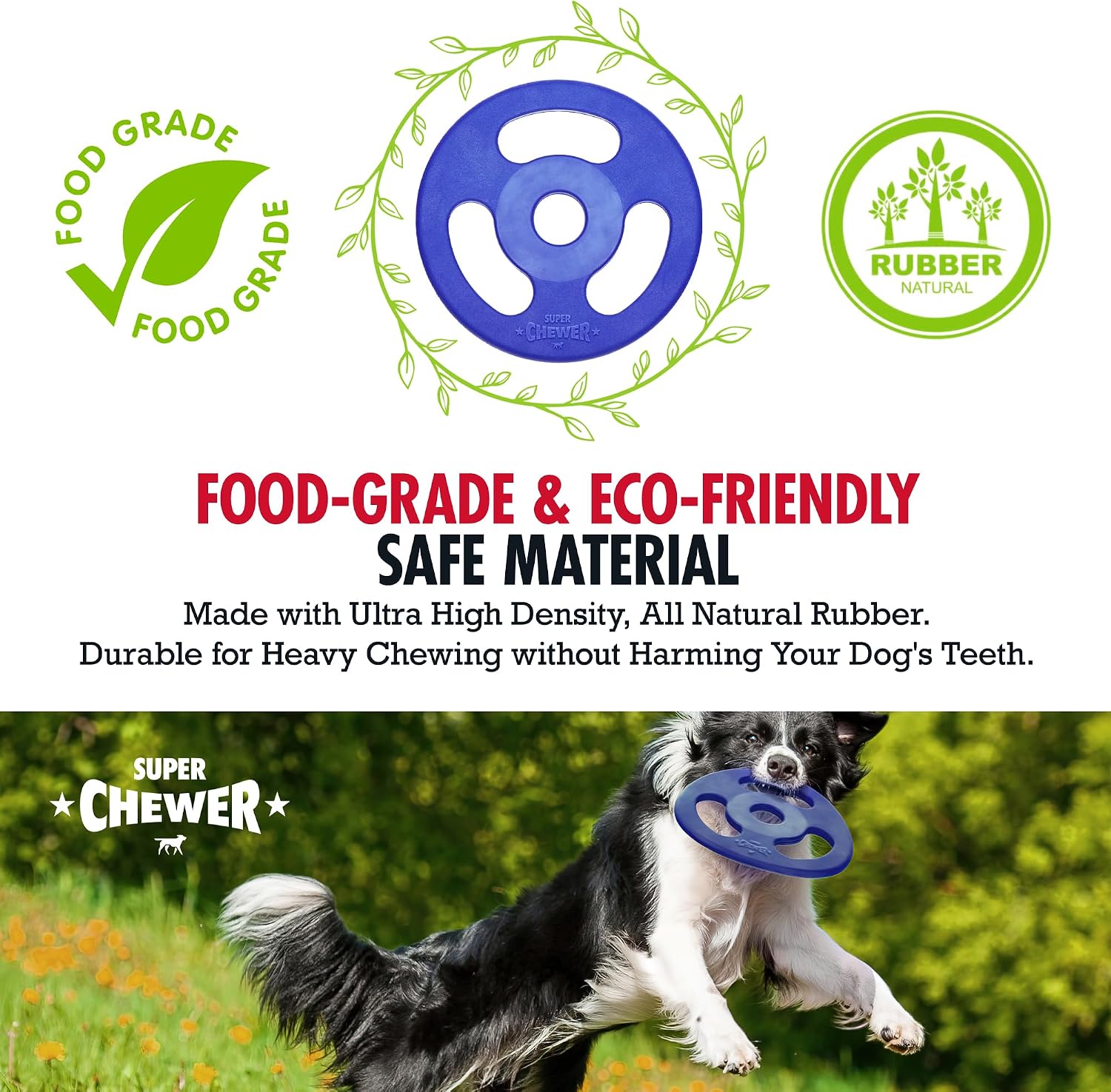 Blue flying disc for dogs showing cutout design for tugging