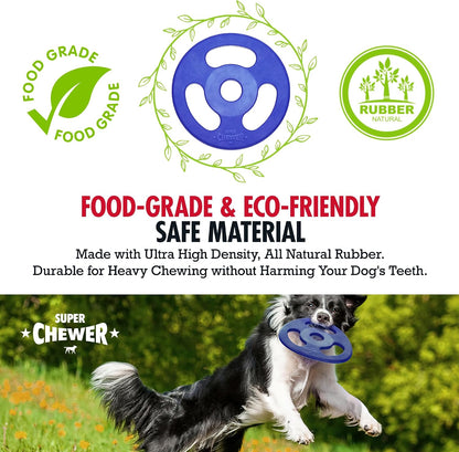 Blue flying disc for dogs showing cutout design for tugging