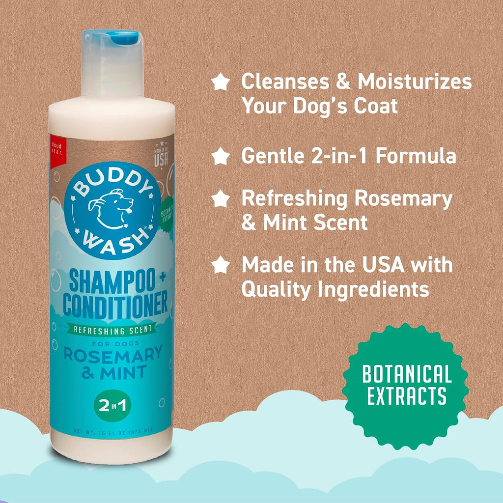 Buddy Wash dog shampoo bottle on a grooming background