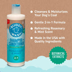 Buddy Wash dog shampoo bottle on a grooming background