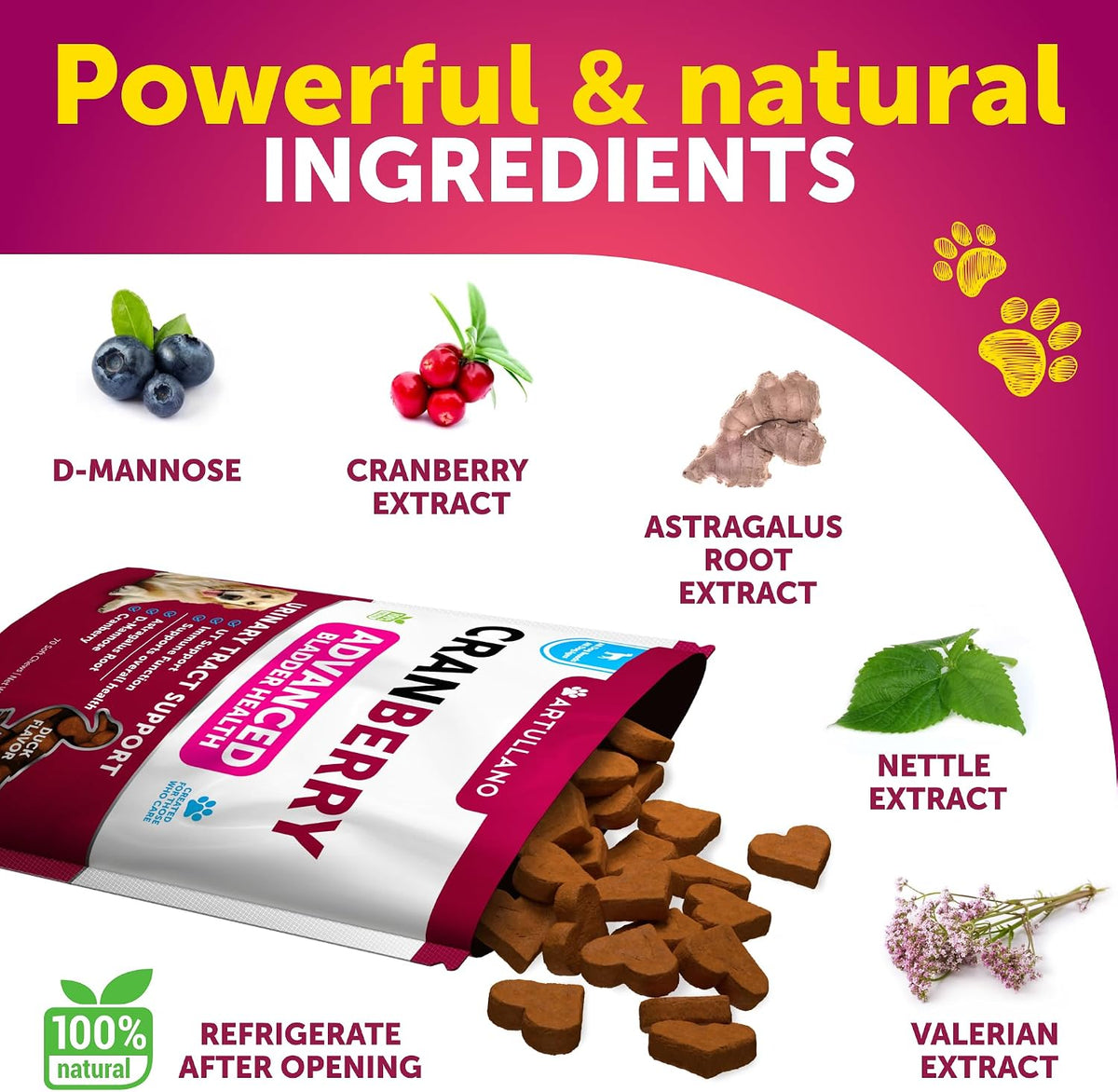Duck flavored cranberry dog treats container showing 70 soft bites.