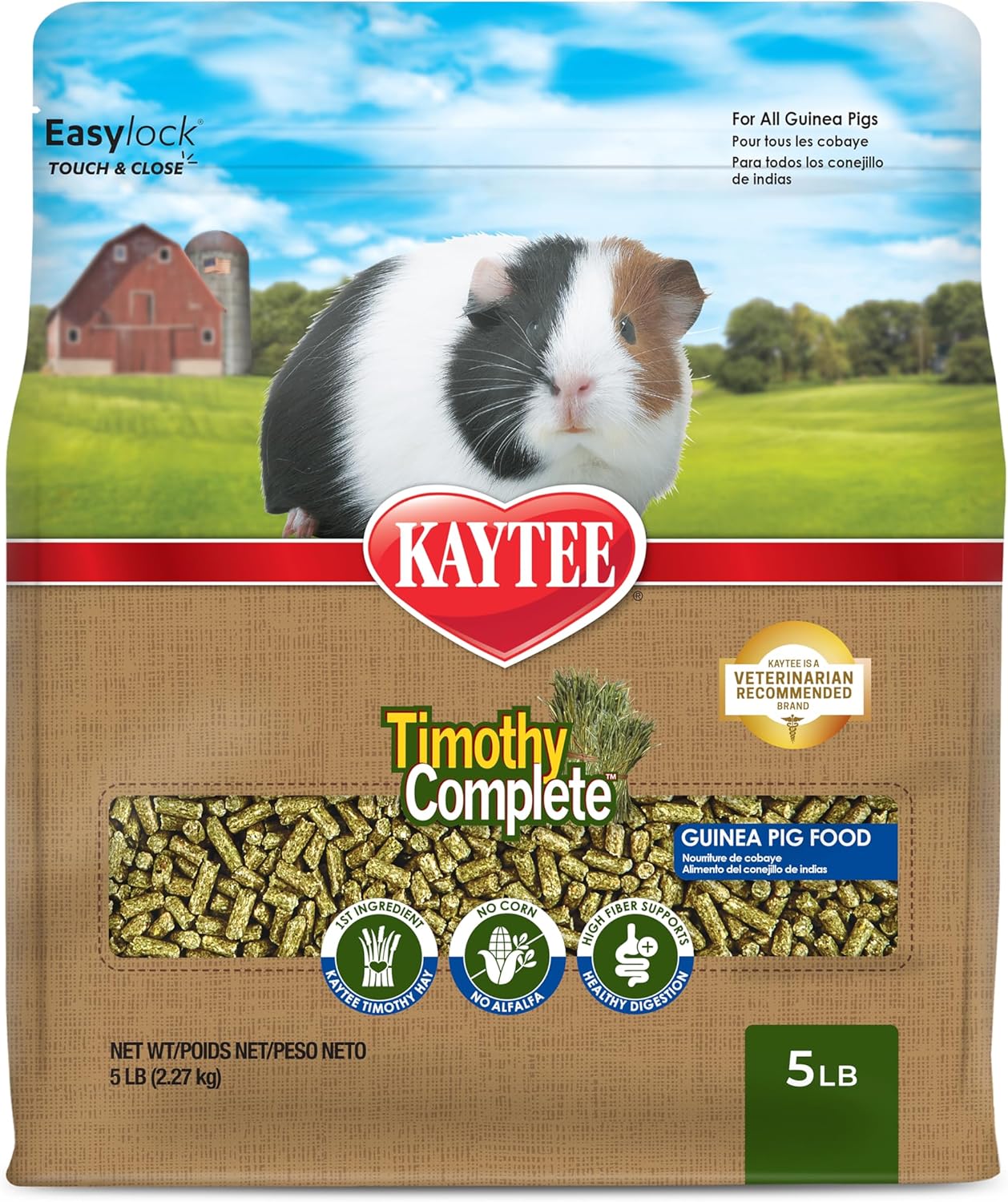 Kaytee Timothy Complete Guinea Pig Food five pounds front packaging view representing authentic pet nutrition.