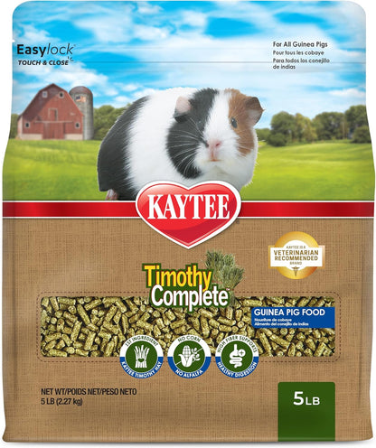 Kaytee Timothy Complete Guinea Pig Food five pounds front packaging view representing authentic pet nutrition.