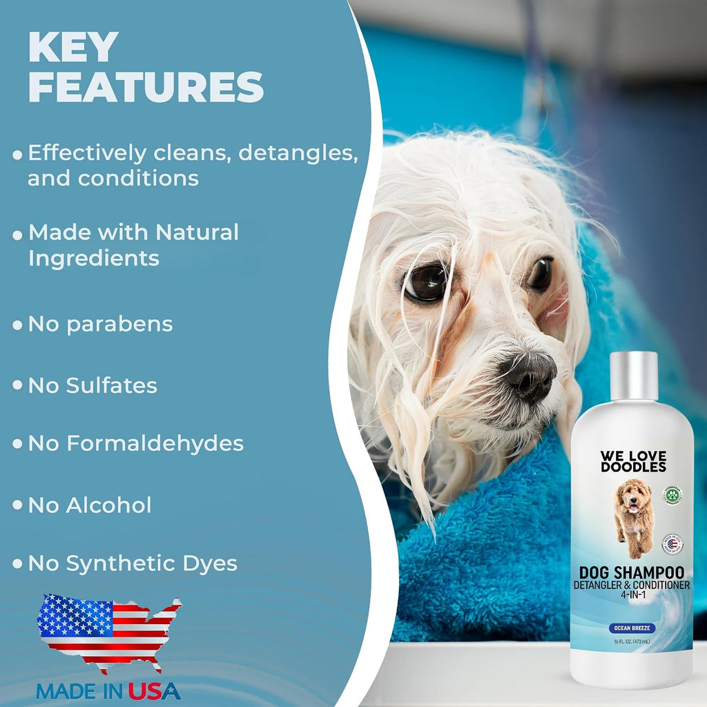 We Love Doodles professional dog shampoo and conditioner for Goldendoodles and Poodles.