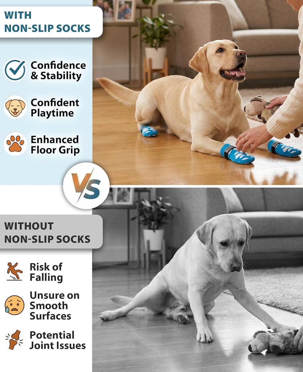 Dog wearing Purrzone cloud pattern socks on hardwood floor