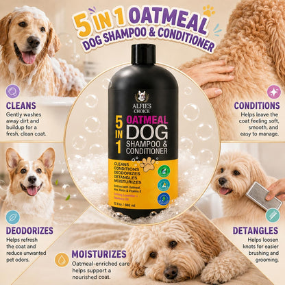 Alfie's Choice dog shampoo highlighting oatmeal and aloe ingredients