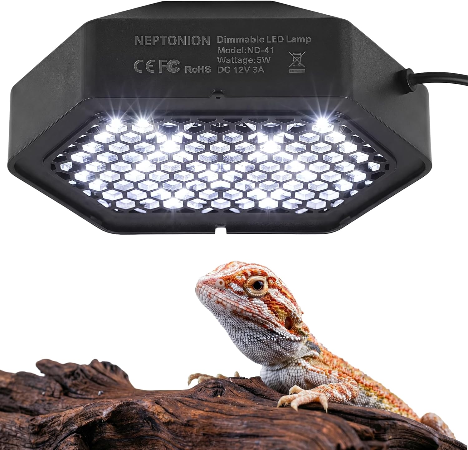 Neptonion LED UVB Reptile Lamp front view showing the hexagonal fixture design.
