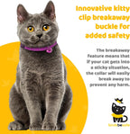 BirdsBeSafe reflective cat collar showing the breakaway safety buckle mechanism close up.