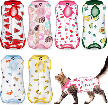 A collection of six distinct animal themed cat recovery suits highlighting the vibrant and pet friendly patterns