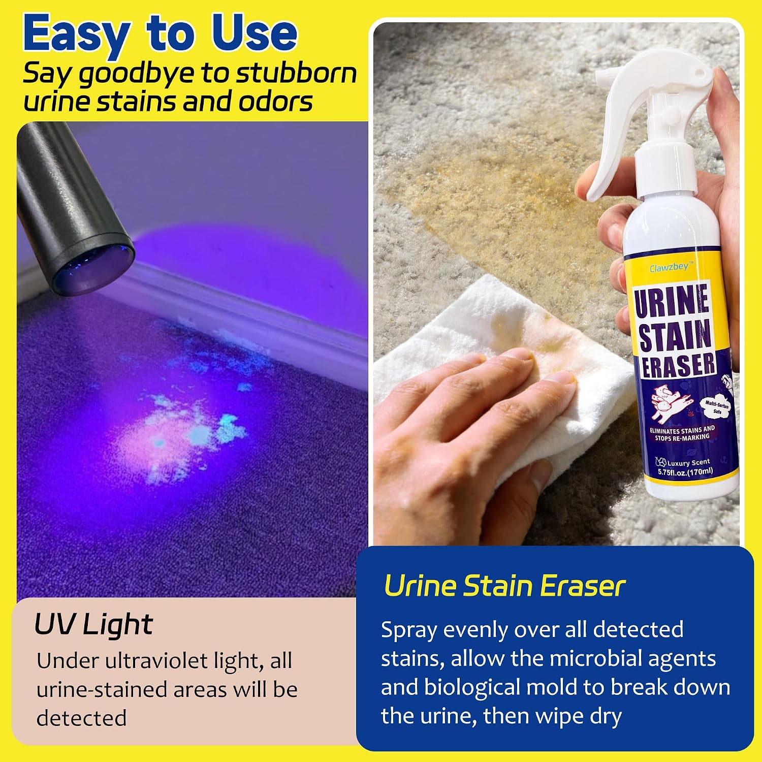 Before and after visual comparison of pet urine spot under UV light versus clean carpet
