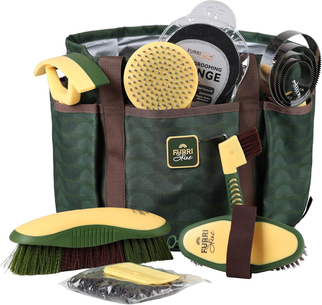 Furrishine horse grooming kit front view featuring nine pieces of equine cleaning supplies arranged neatly inside the green pasture glow tote bag.