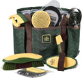 Furrishine horse grooming kit front view featuring nine pieces of equine cleaning supplies arranged neatly inside the green pasture glow tote bag.
