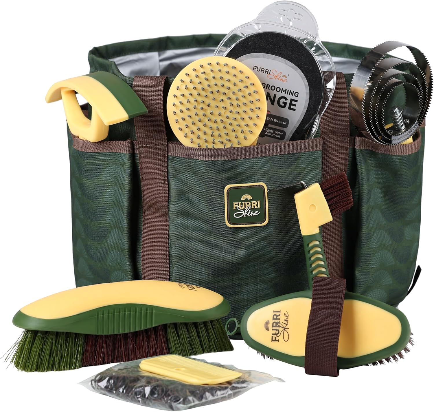 Furrishine horse grooming kit front view featuring nine pieces of equine cleaning supplies arranged neatly inside the green pasture glow tote bag.