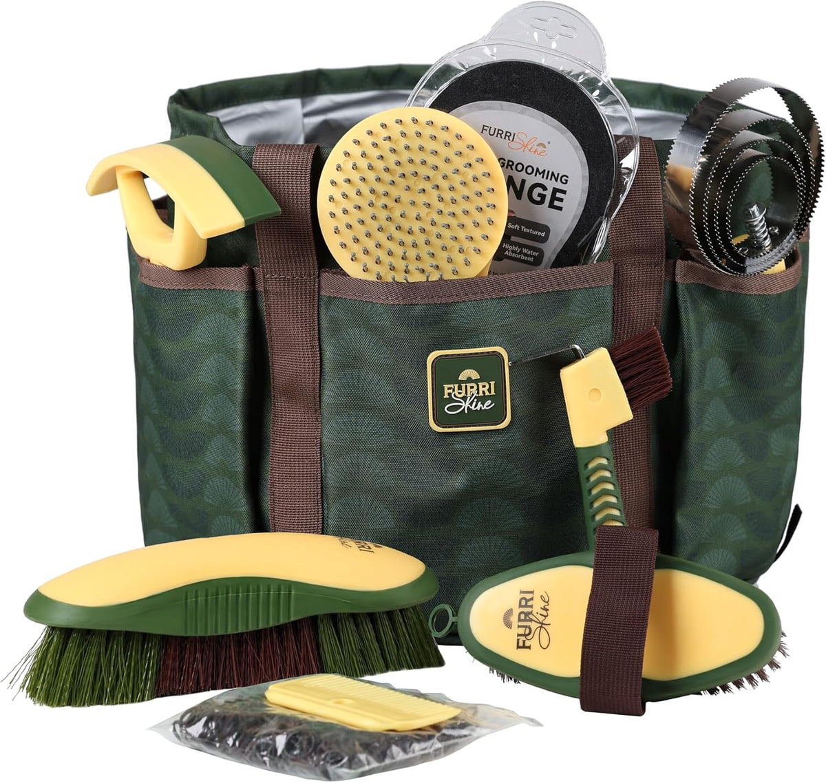 Furrishine horse grooming kit front view featuring nine pieces of equine cleaning supplies arranged neatly inside the green pasture glow tote bag.