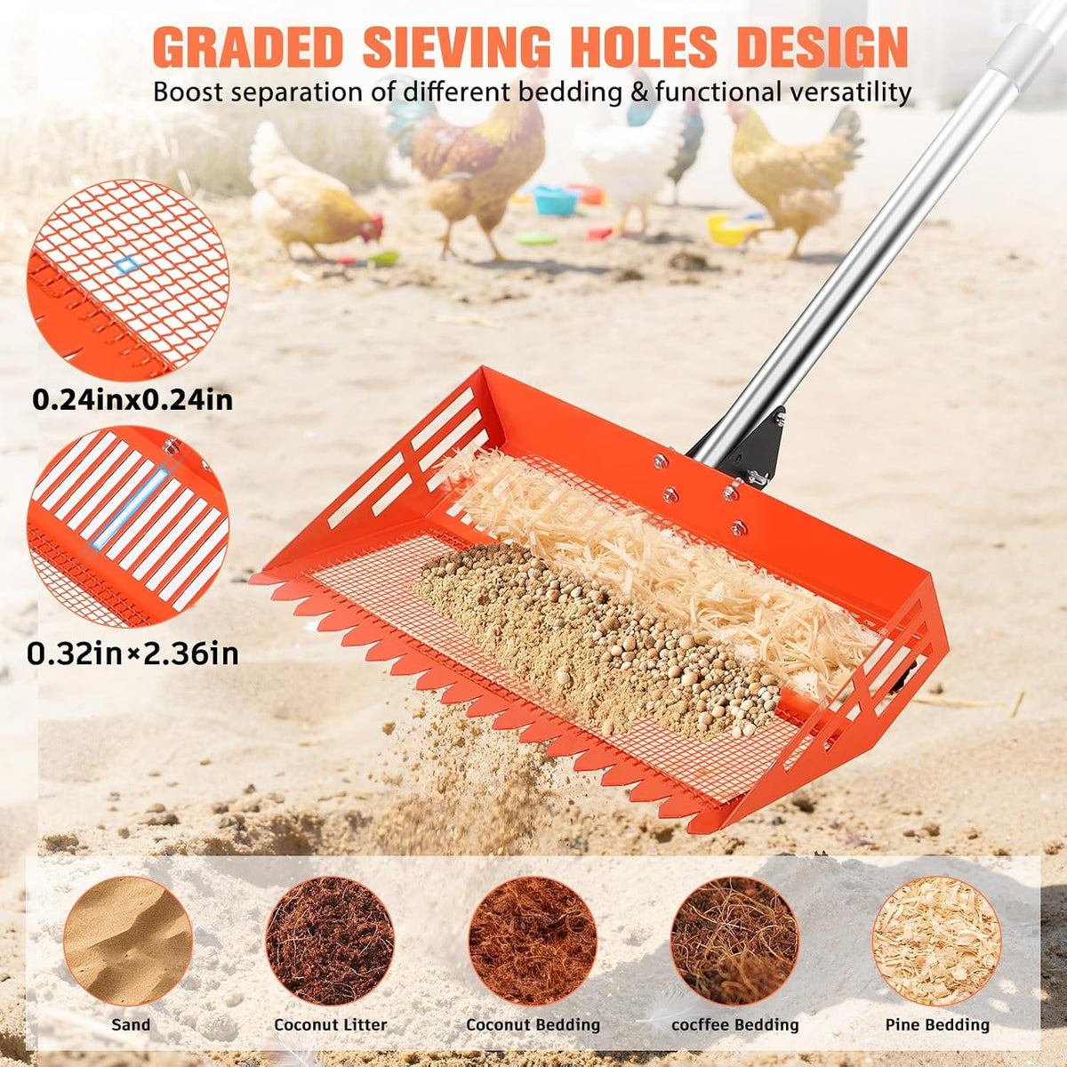 Complete StarOcean chicken scoop kit layout including both metal shovel heads and the multi section handle.
