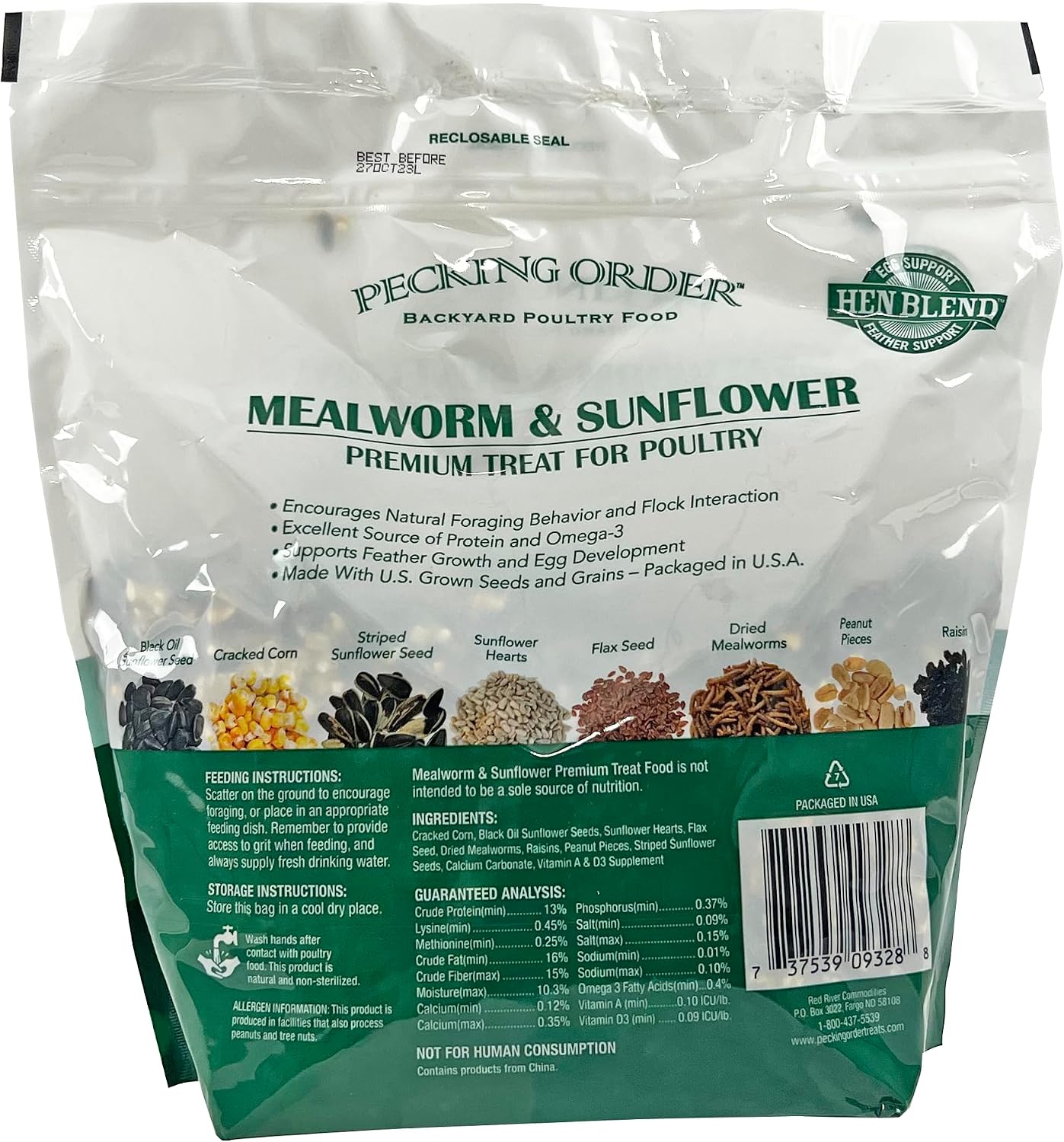 Pecking Order poultry treat bag showing mealworm and sunflower seeds
