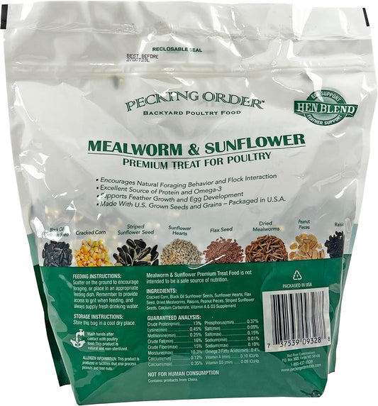 Pecking Order poultry treat bag showing mealworm and sunflower seeds