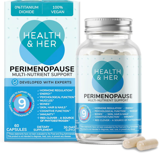 Health and Her Perimenopause Support 60 capsules front bottle view for hormonal balance.