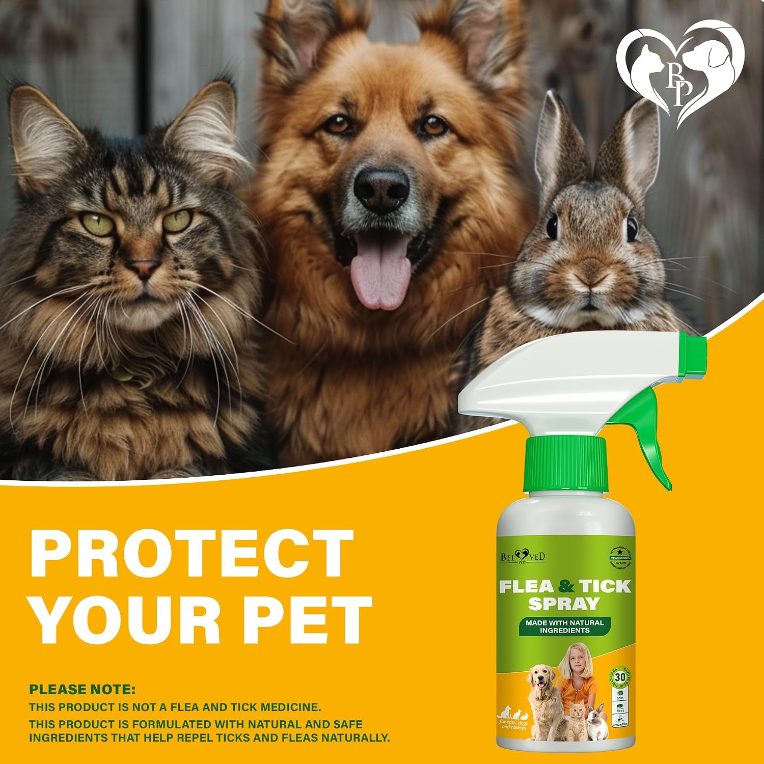 Beloved Pets flea and tick prevention spray packaging details