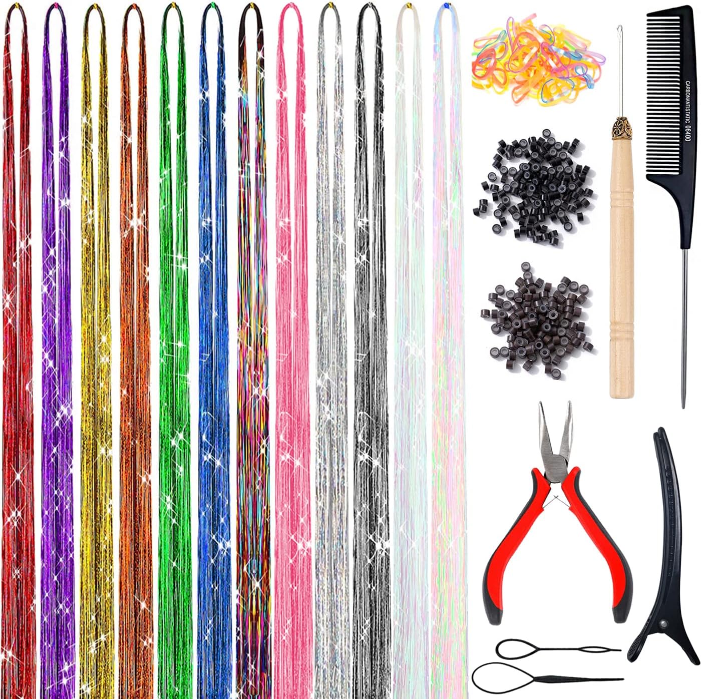 Lanwexy hair tinsel kit with 12 colors and application tool front view