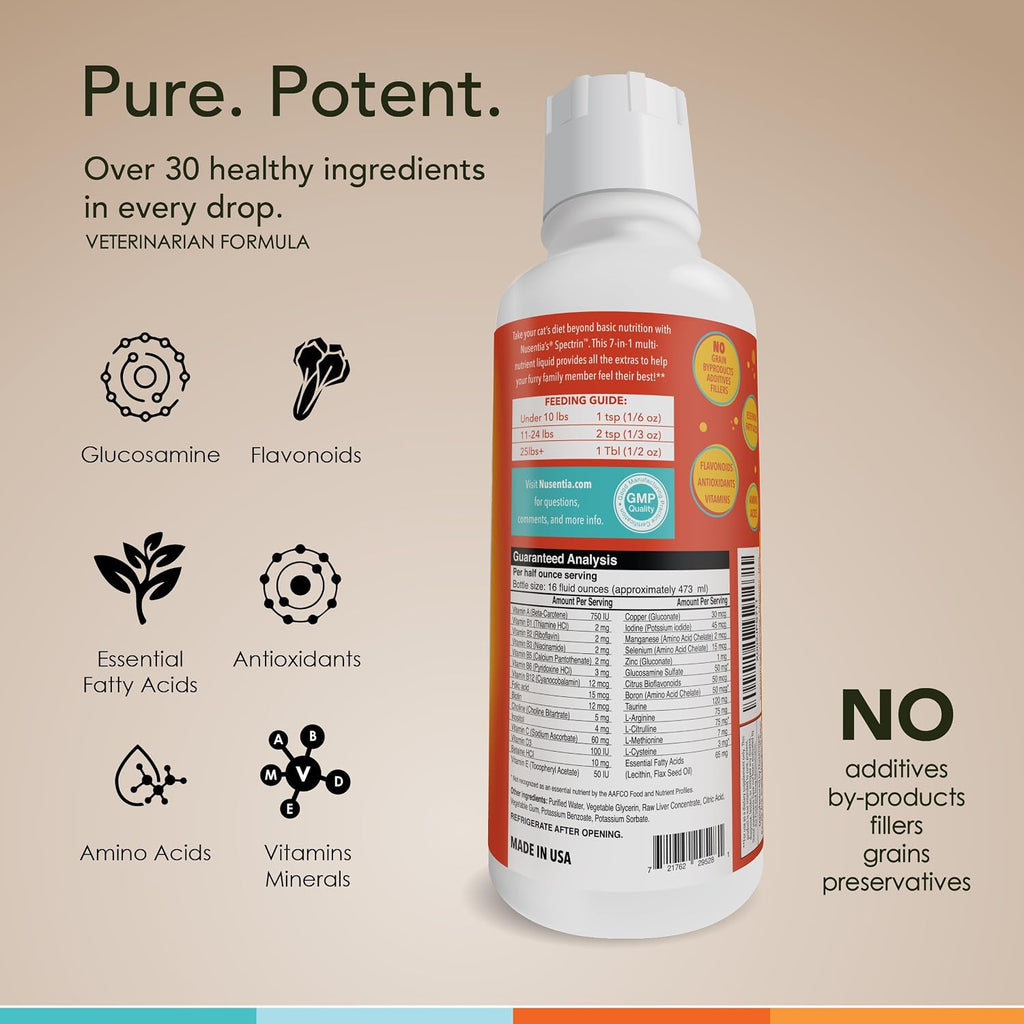 Nusentia Spectrin liquid cat vitamin bottle next to feline food bowl