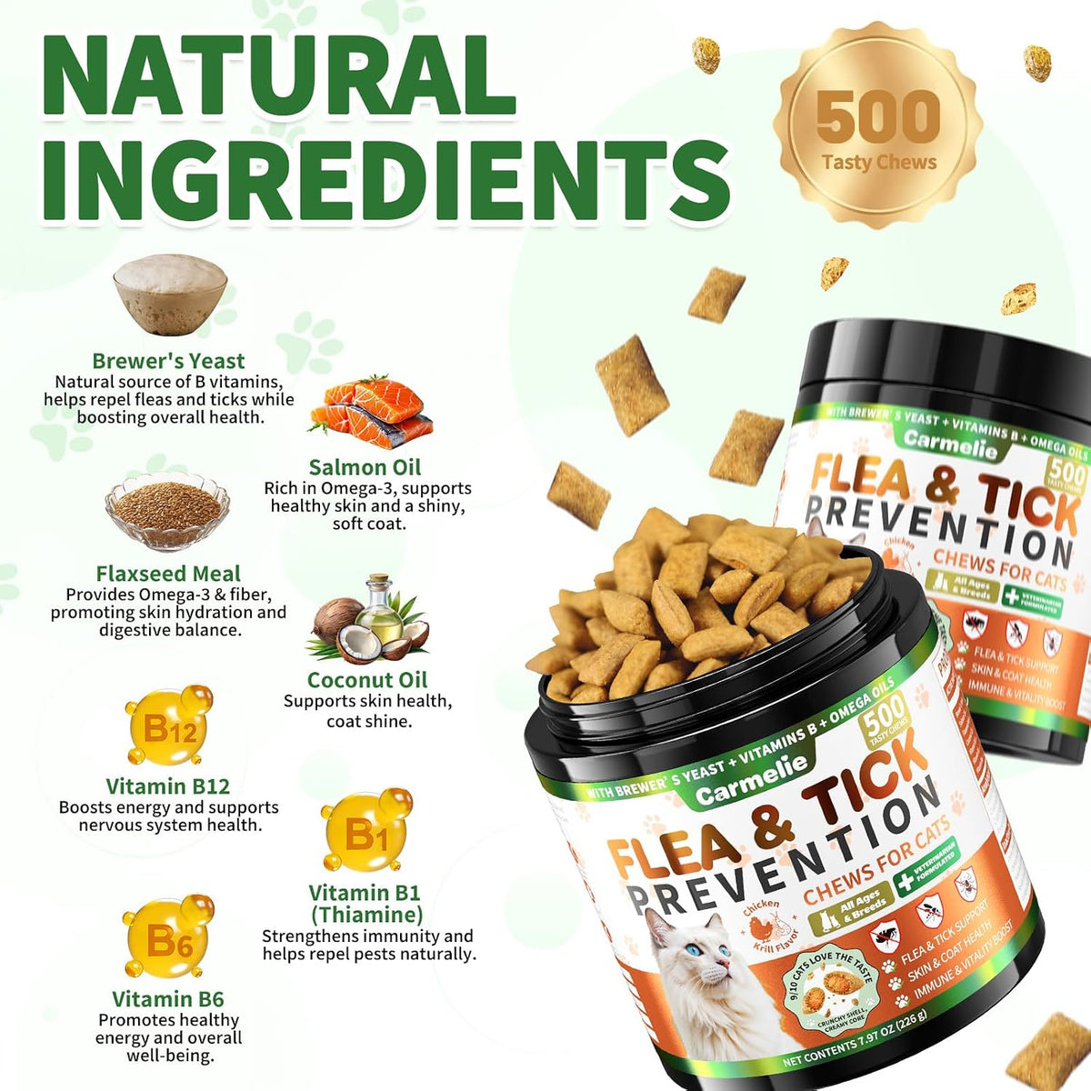 VICSOM 500 count cat wellness chews ingredients list close up