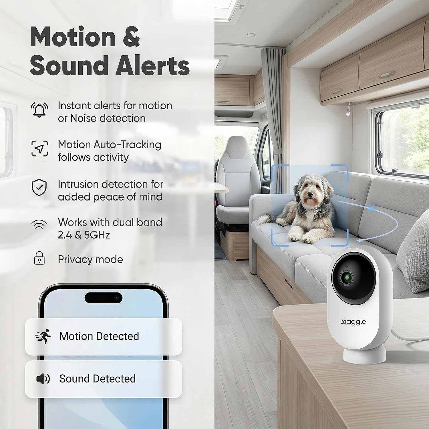 Waggle pet camera showcasing pan and tilt rotating lens design