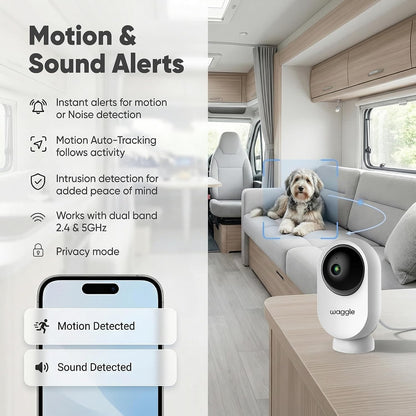 Waggle pet camera showcasing pan and tilt rotating lens design