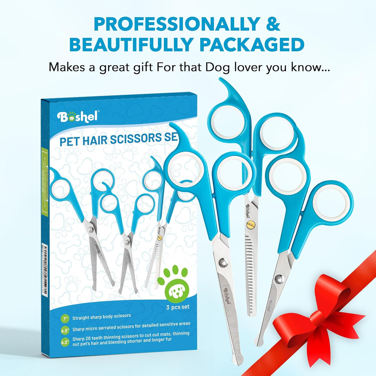 Authentic Boshel imported stainless steel professional dog and cat grooming shears collection.
