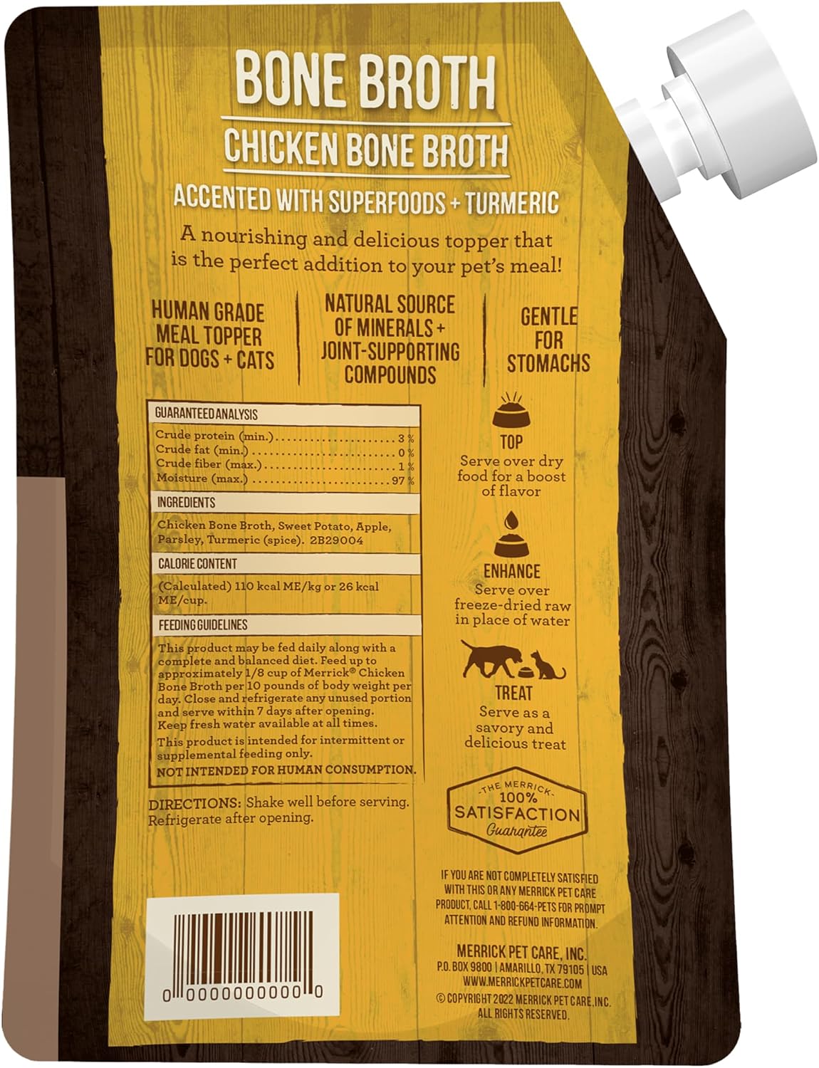 Back of Merrick bone broth pouch showing ingredient label and nutritional details
