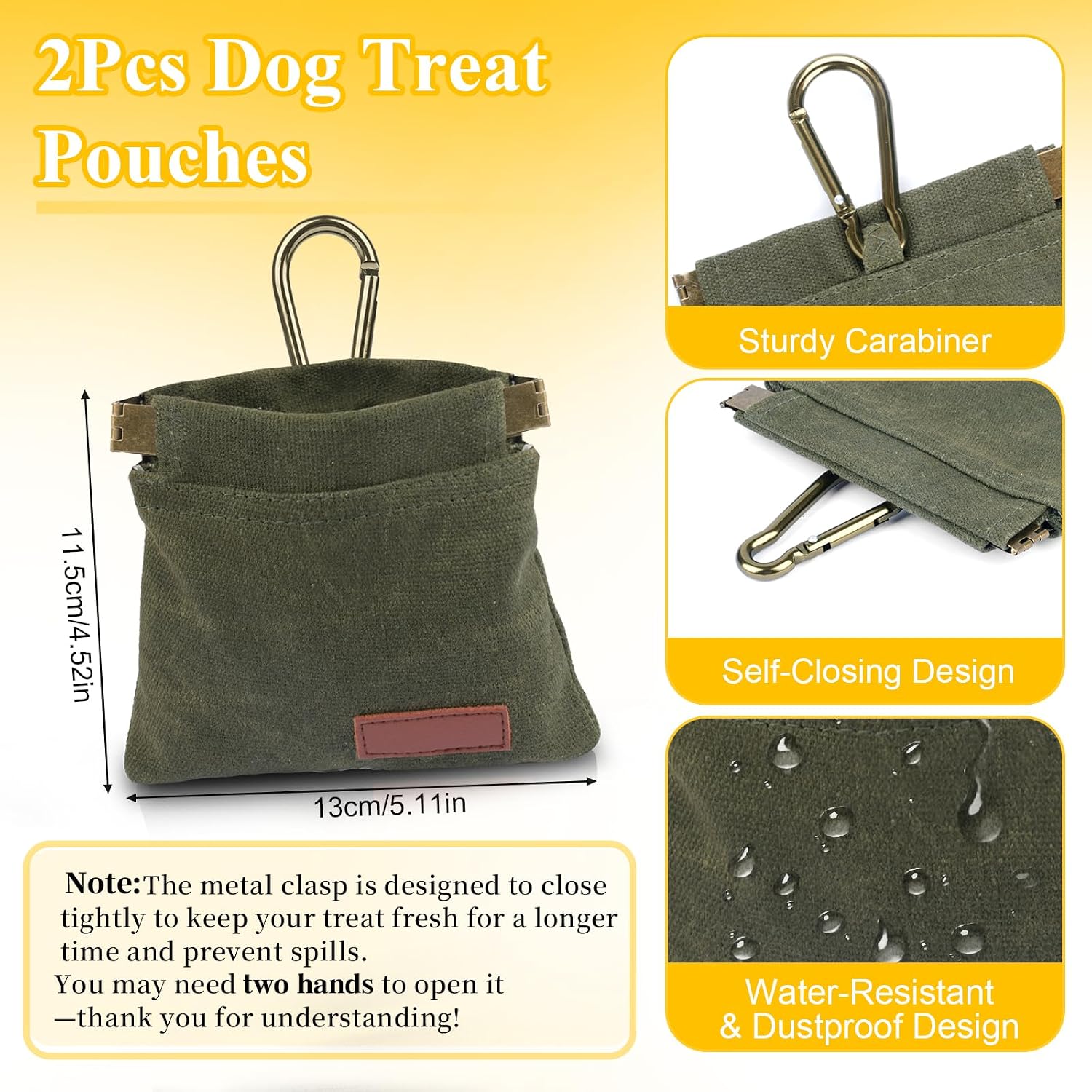 PEASUG hands free pet training bag showing automatic metal closure mechanism