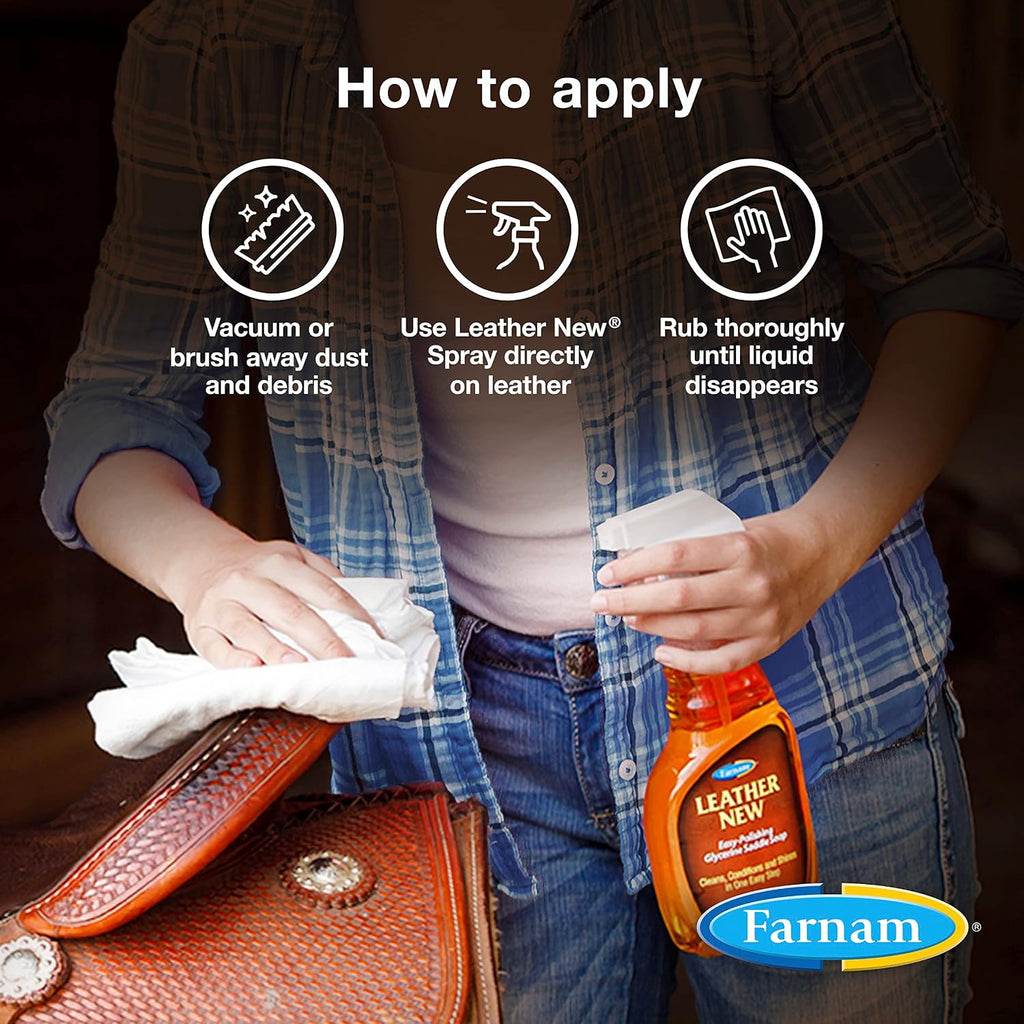 Farnam Leather New self polishing formula close up on premium packaging