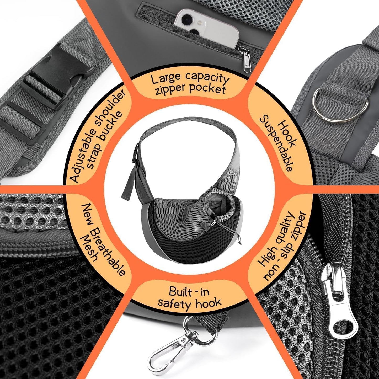 Detail of Yudodo pet sling safety hook and hardware
