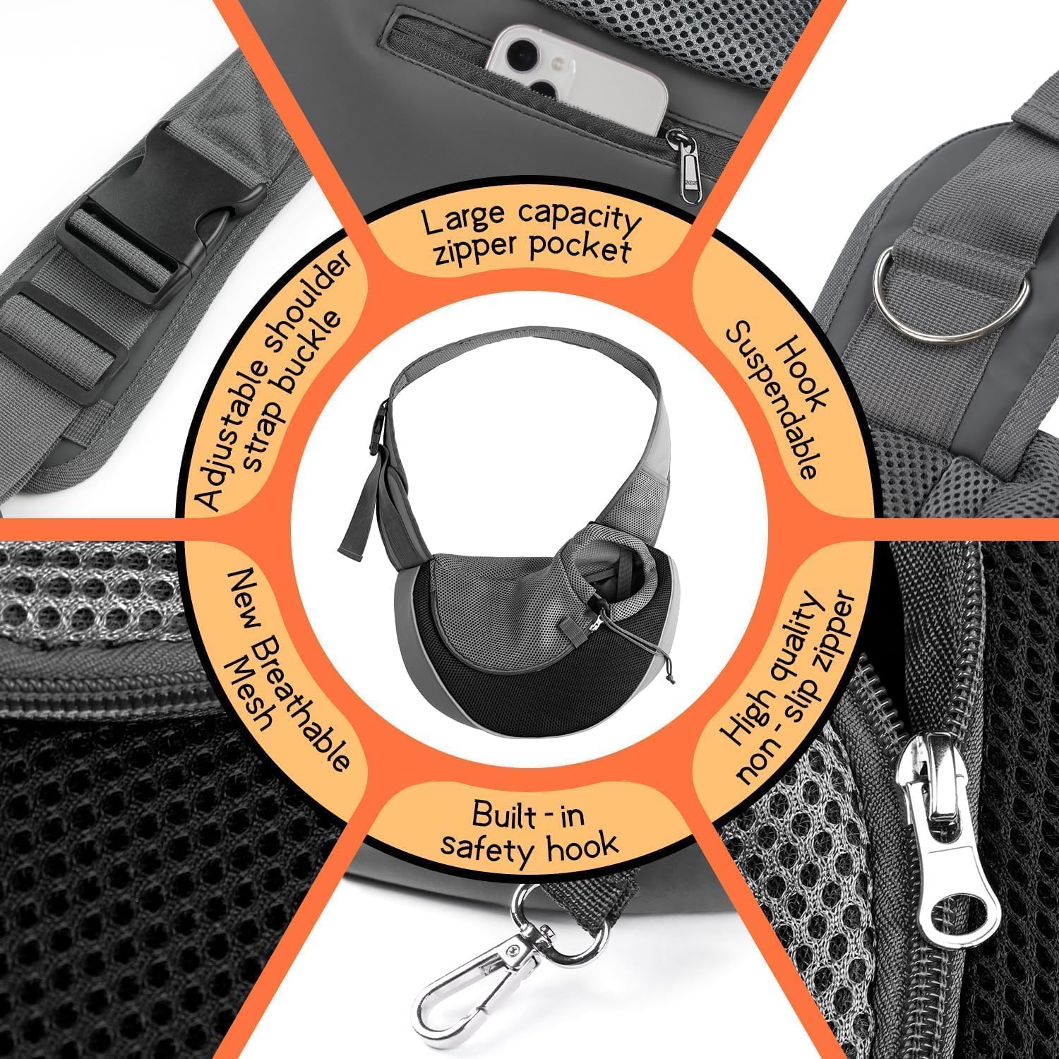 Detail of Yudodo pet sling safety hook and hardware