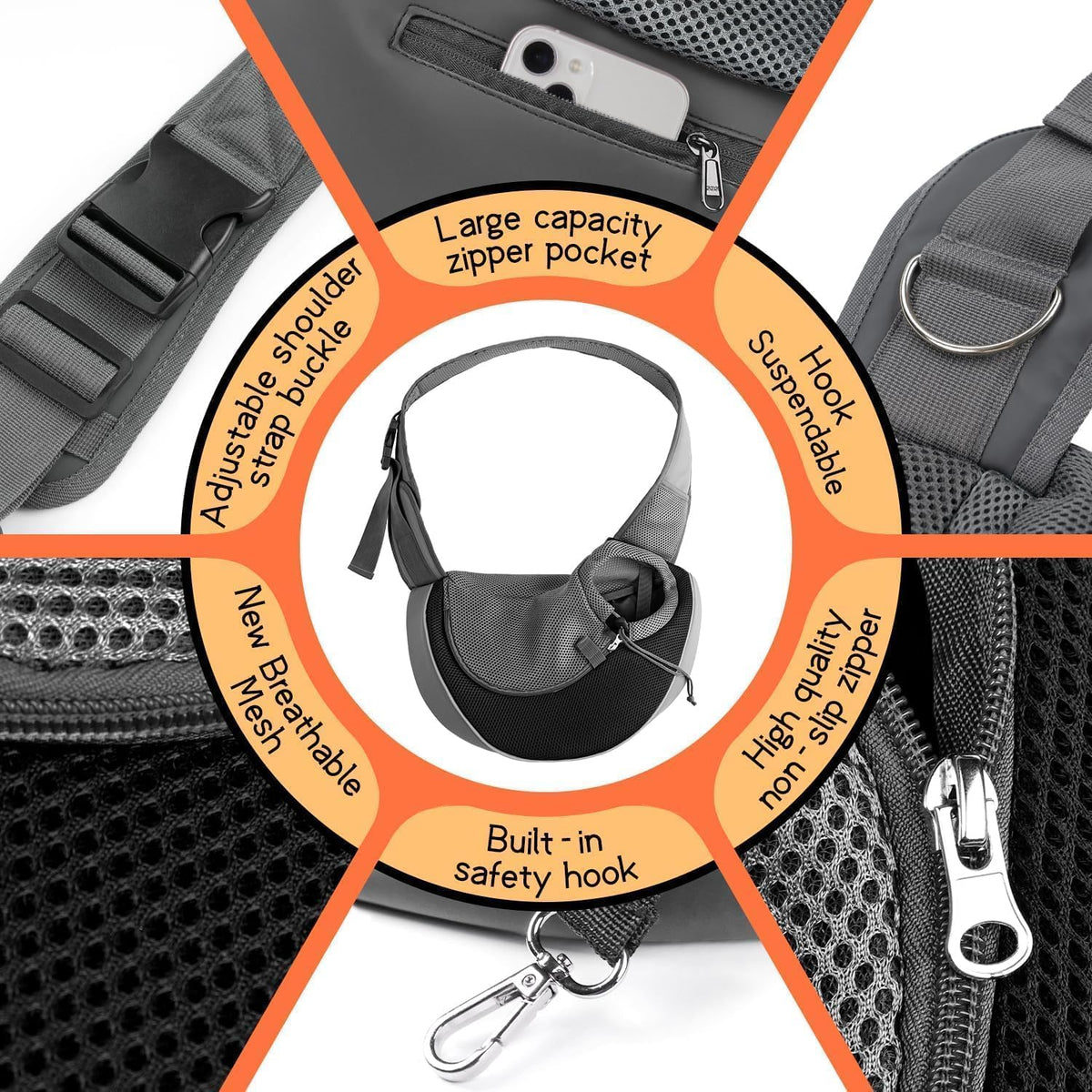Detail of Yudodo pet sling safety hook and hardware