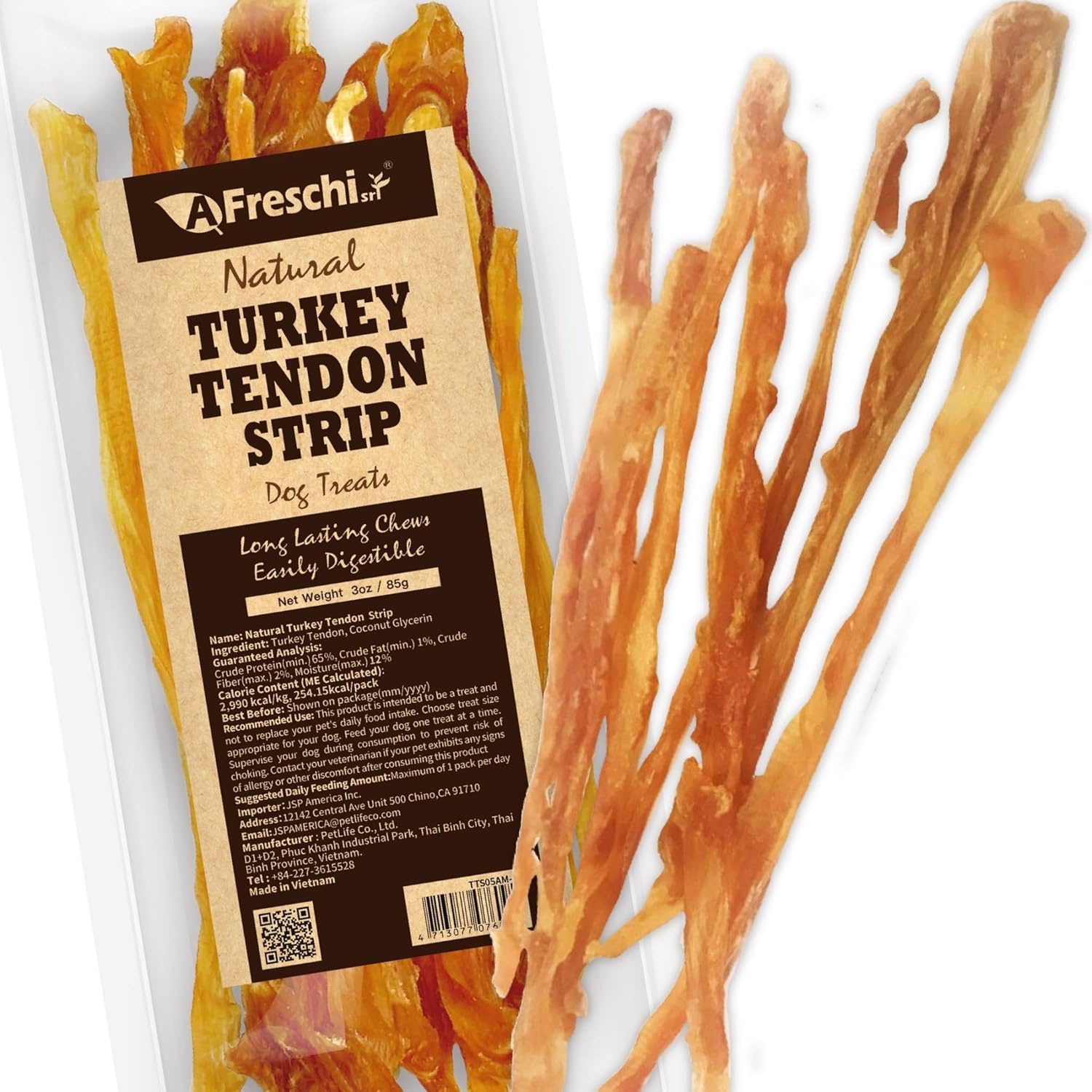 A Freschi srl Turkey Tendons for Dogs 3 Ounce front pack view natural puppy chews