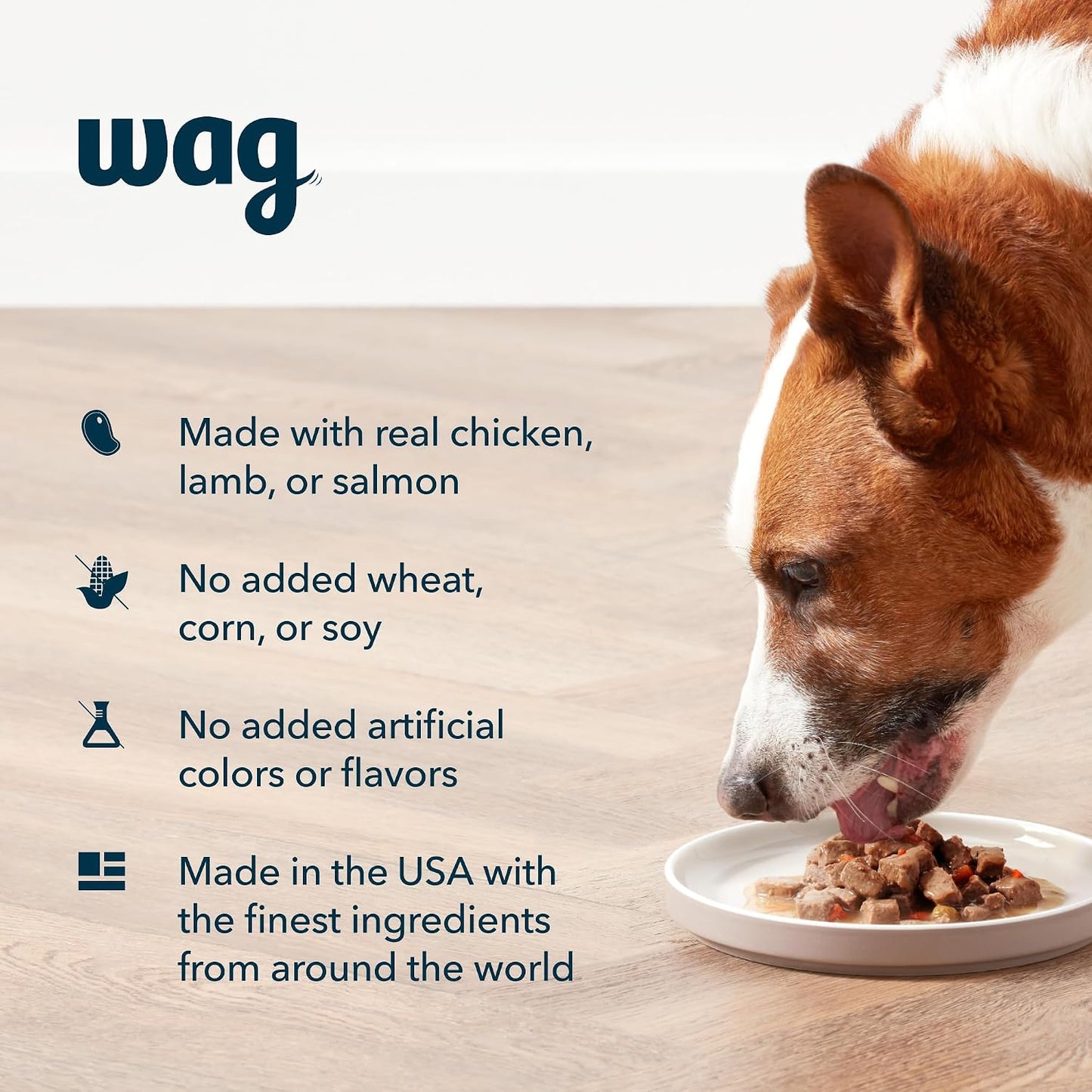 Back of Wag dog food pouch showing nutritional information