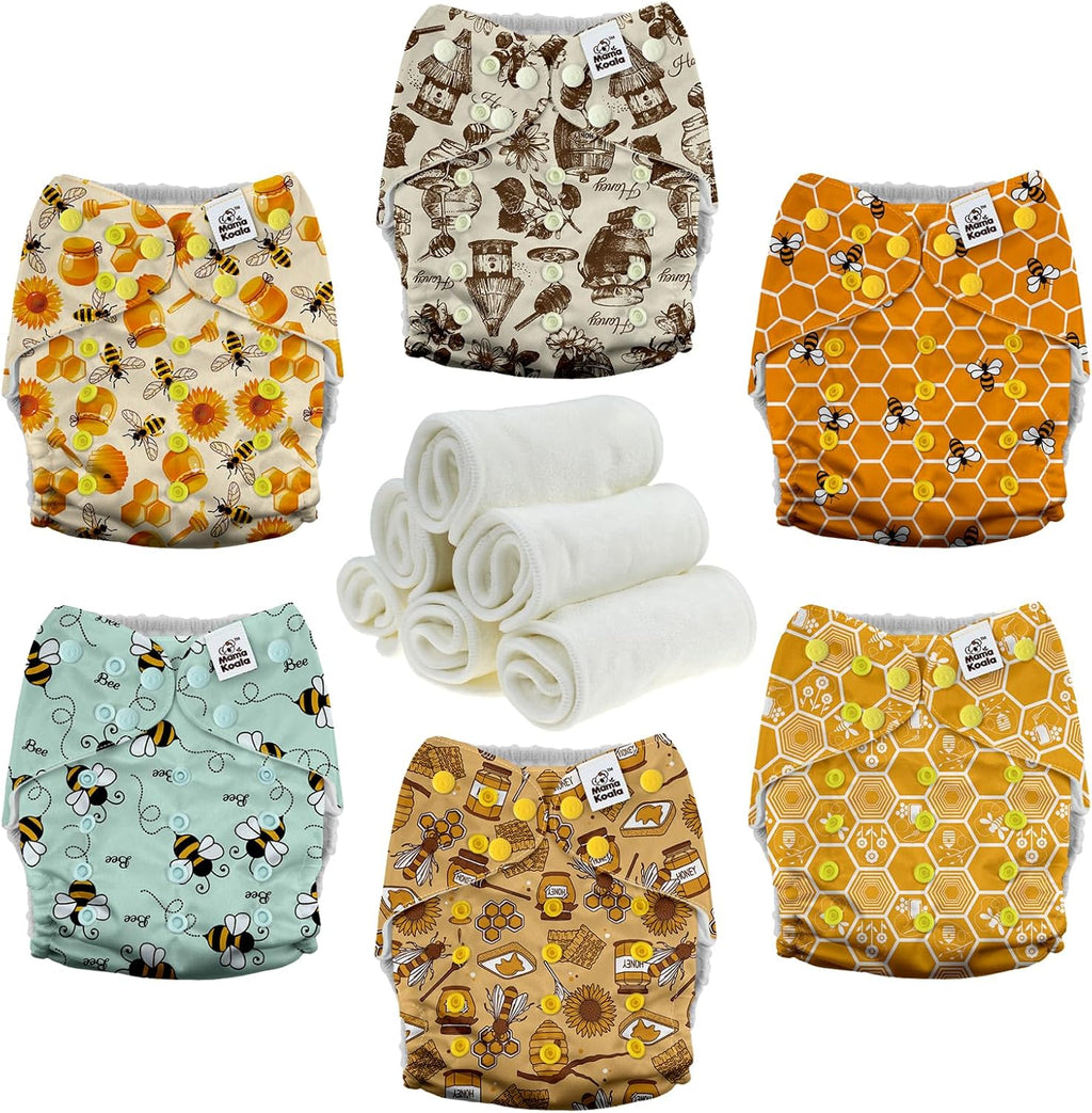 Mama Koala 3.0 pocket cloth diapers front view in Hardworking Bees design