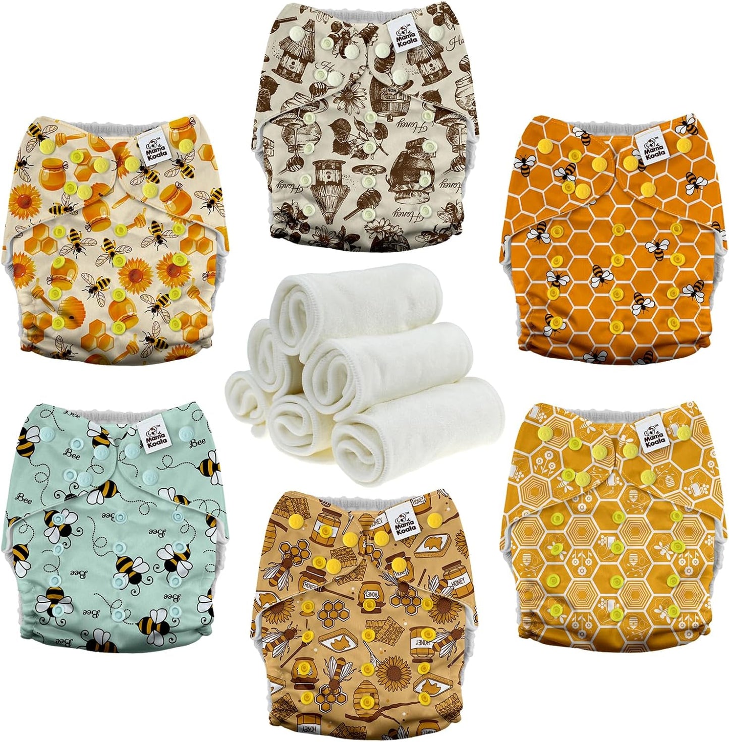 Mama Koala 3.0 pocket cloth diapers in Hardworking Bees design front view