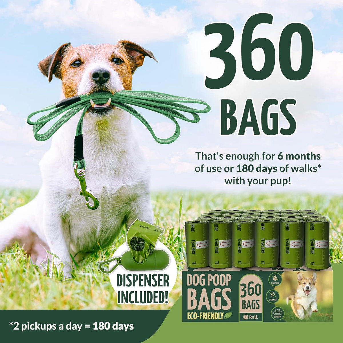 Reli dog waste bags green leash dispenser attached close up