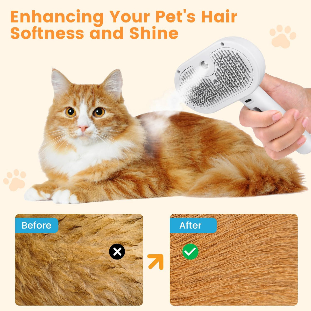 FourSeas anti static water mist spray brush removing loose undercoat from a long haired cat