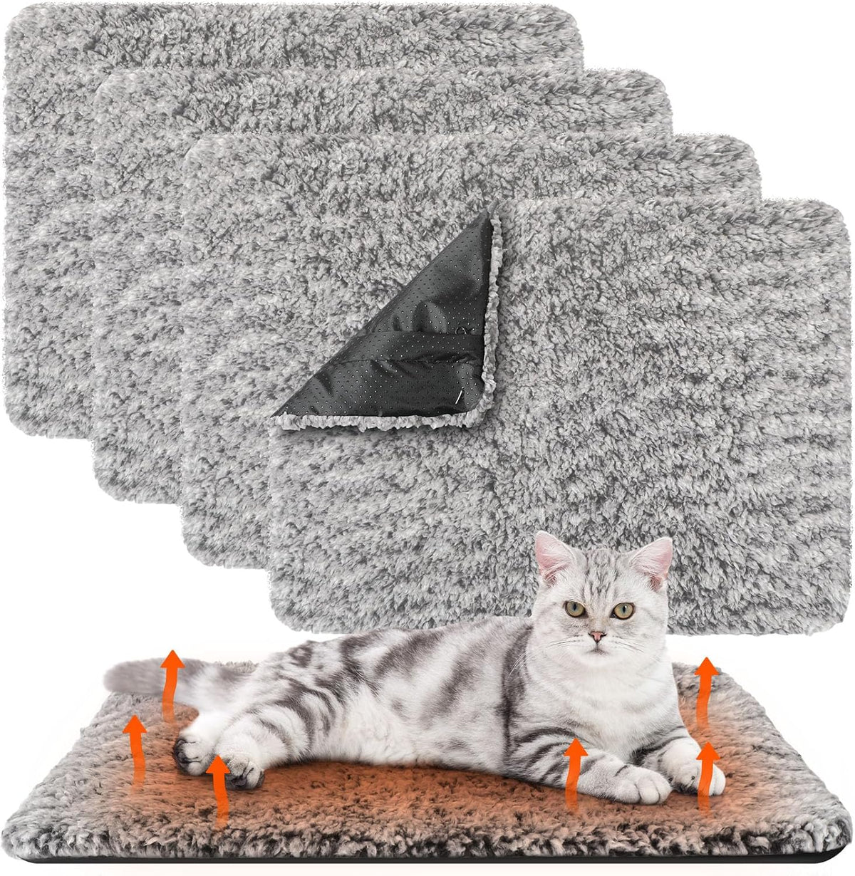 Drydiet self warming cat pads four pack front view showcasing plush gray fabric texture.