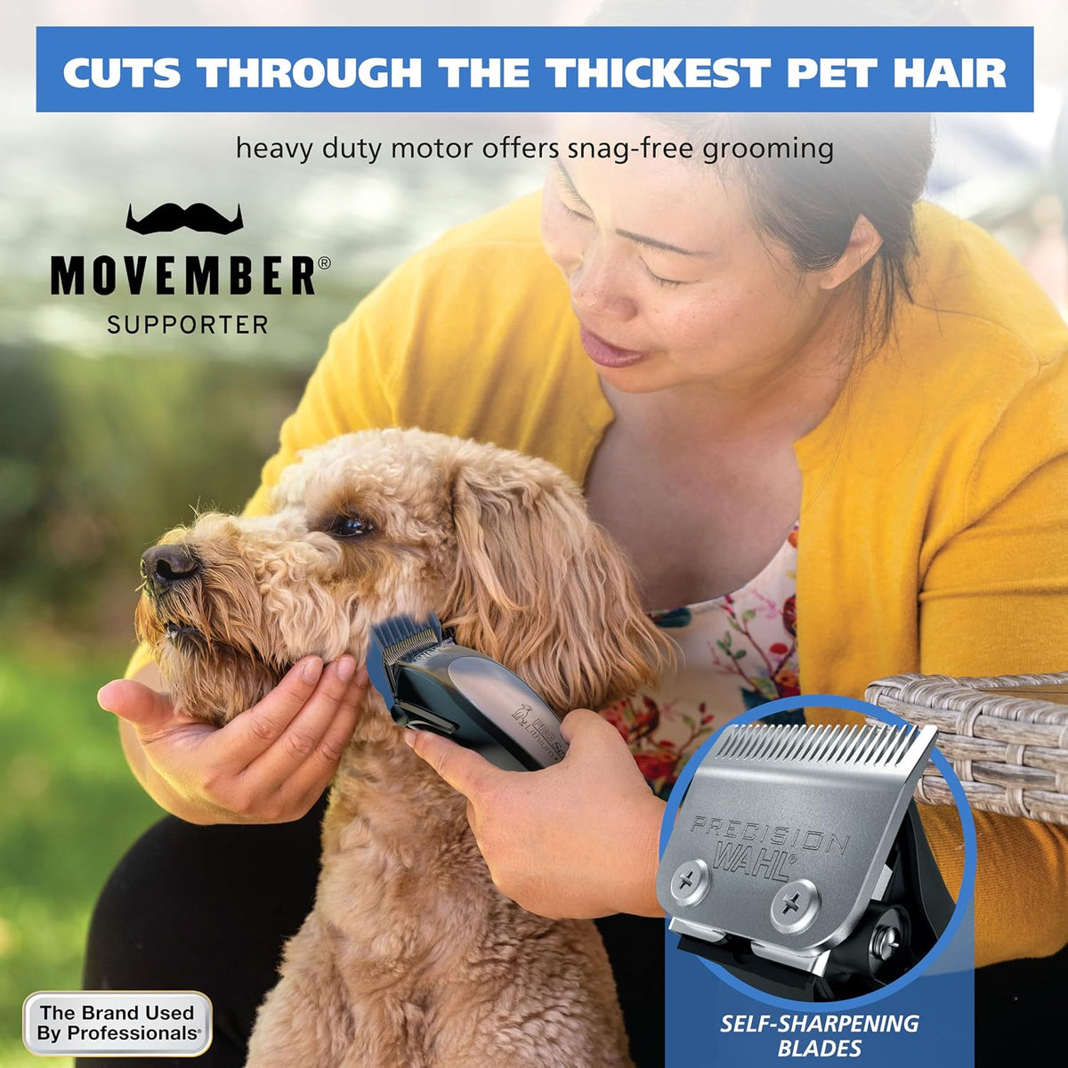 Wahl heavy duty electric dog grooming kit with four color coded guide combs and storage case.