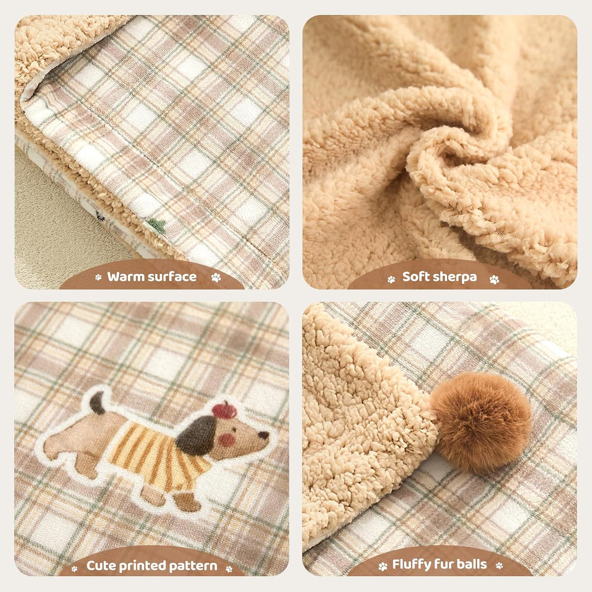 Close up view of the two attached fluffy fur balls on the pet blanket